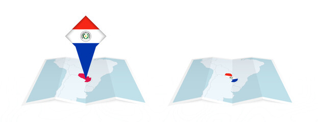 Two versions of an Paraguay folded map, one with a pinned country flag and one with a flag in the map contour. Template for both print and online design.