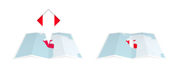 Two versions of an Peru folded map, one with a pinned country flag and one with a flag in the map contour. Template for both print and online design.