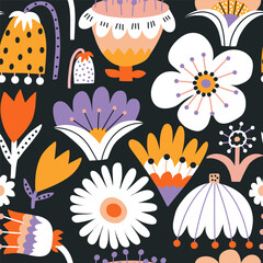 Seamless floral vector pattern with abstract flowers. Creative botanical background. Vector illustration