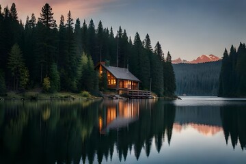 Fototapeta premium Cozy Cabin by Lake at Dusk with Mountain View