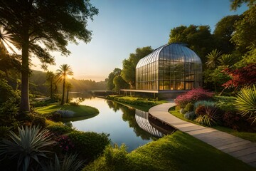 Obraz premium Glass Greenhouse in Lush Garden with Reflecting Pond