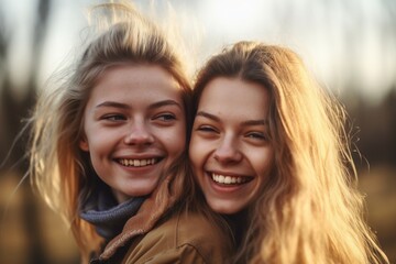 closeup of two friends happy together to enjoy nature