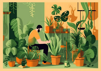 woman flower botanist entrepreneur gardener hobby houseplant care florist indoor pot. Generative AI.