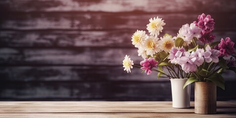 Fototapeta na wymiar Flower vase on wooden table. Spring delight. Colorful daisy arrangement capturing beauty of season