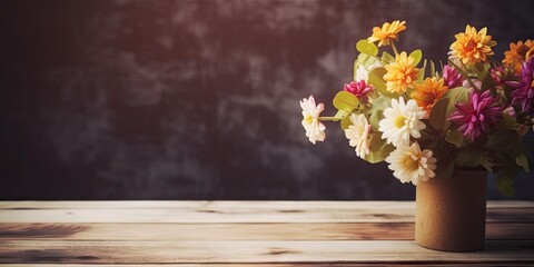 Fototapeta na wymiar Flower vase on wooden table. Spring delight. Colorful daisy arrangement capturing beauty of season