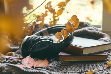 Audiobook or podcast in fall season. Wireless headphones with books and autumn leaves on knitted plaid as concept of learning and education, online courses or music app in cozy fall mood.