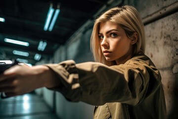 shot of a young woman holding a gun while pointing in the direction of her assailant