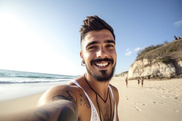 shot of a young man taking selfies at the beach