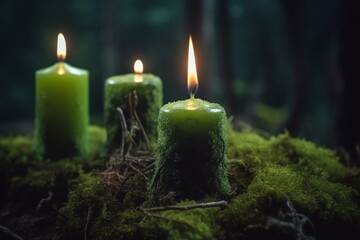Fototapeta na wymiar Candles on moss, blurred green background. Witch ritual, fairy scene, mysterious forest. Banner. Generative AI