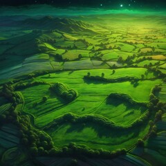 Fototapeta premium artistic painting of a high landscape of beautiful green plains and fields