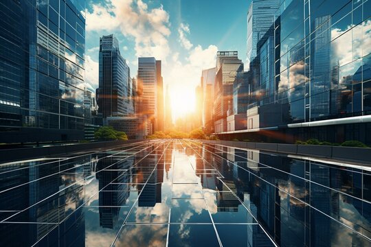Reflection of city on buildings with solar panels. Generative AI