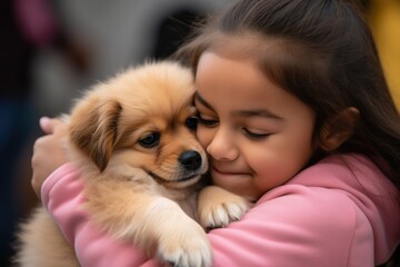 a young girl hugging a puppy during an educational program