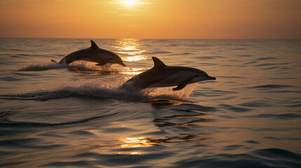 Silhouetted Dolphins Leaping at Sunset