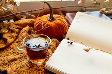 Naklejka na ściany i meble Reading in fall season. Open book and cup of tea on knitted plaid with autumn leaves as concept of literature, learning and education, in cozy fall mood.