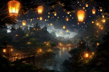 An enchanting scene of illuminated lanterns and shimmering lights mesmerize in the night sky. Generative AI