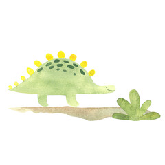 illustration with dinosaurs drawn in watercolor, picture of prehistoric creatures hand drawn