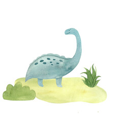 illustration with dinosaurs drawn in watercolor, picture of prehistoric creatures hand drawn