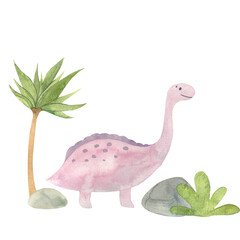 illustration with dinosaurs drawn in watercolor, picture of prehistoric creatures hand drawn