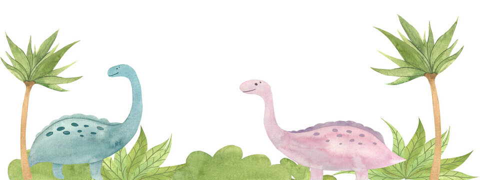 illustration with dinosaurs drawn in watercolor, picture of prehistoric creatures hand drawn