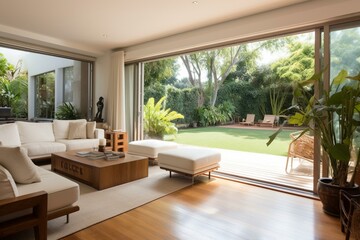 Obraz na płótnie Canvas Contemporary living with garden view, open doors, wooden floors, sizable patio. Generative AI