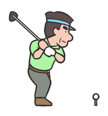 ゴルフスイングをする男性、ドライバーショットのダウンスイング、後方4
