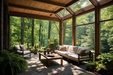 Contemporary porch blending with nature, featuring patio furniture and forest scenery. Innovative home extension idea. Generative AI