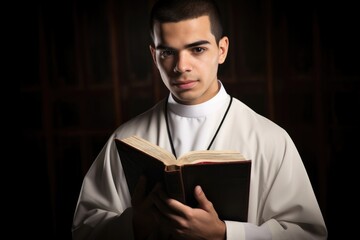 shot of a young priest holding the bible