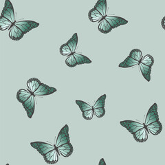 Seamless pattern with funny colorful Butterflies, flowers. Color flat vector illustration for invitation, poster, card, textile, fabric. Butterfly graphic design print. Trendy animal motif wallpaper