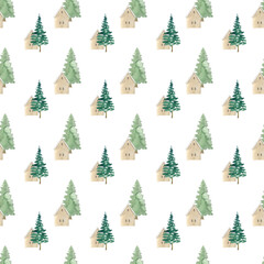 Obraz premium pattern with minimalist houses and trees painted in watercolor in scandinavian style, christmas pictures, new year story
