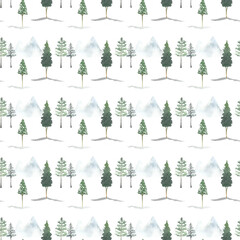 winter landscape pattern, Christmas picture, Christmas picture painted with watercolors by hand, trees, Christmas trees, pines,