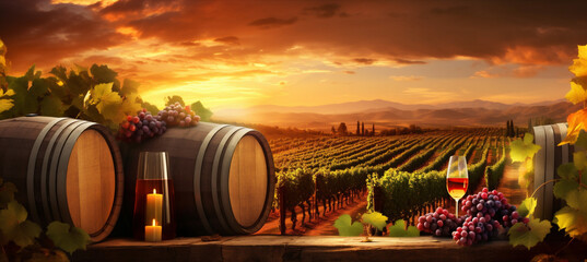 glass drink wine bottle sunset beverage barrel alcohol grape winery. Generative AI. - obrazy, fototapety, plakaty