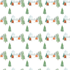 pattern with houses and trees hand painted in watercolor in a minimalist scandinavian style
