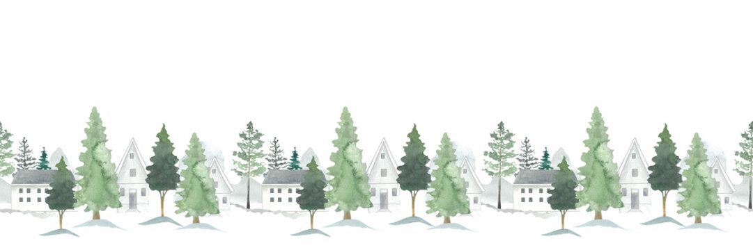 banner, ornamental stripe, background for a site with houses and trees, winter landscape, pine trees, Christmas tree, New Year's picture