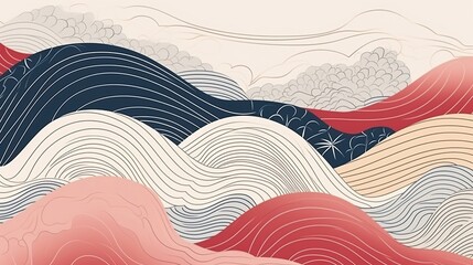 Mountain layout design in oriental style, Japanese background with line wave pattern vector. Abstract template with geometric pattern. 