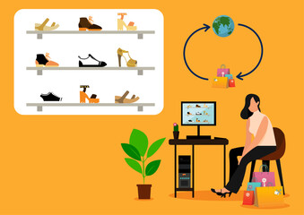 Flat illustration of a young girl sitting on chair in front of computer selects what to buy from online store with shopping bags and globe on orange colour background. footwear online shopping, online