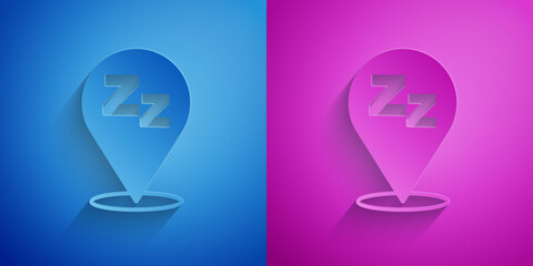 Paper cut Sleepy icon isolated on blue and purple background. Sleepy zzz black talk bubble. Paper art style. Vector