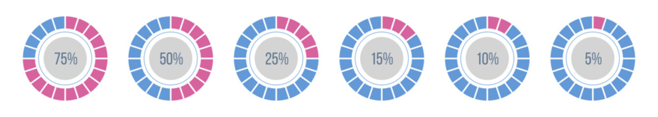 Set of circle percentage charts for infographics. 75 50 25 15 5 percent. Circles. Blue and pink colors. Vector icons set. Infographic design template. Vector color illustration. - obrazy, fototapety, plakaty
