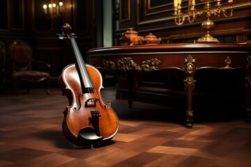 A detailed view of a violin's base in a room. Generative AI