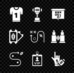 Set American football jersey, Award cup and, Planning strategy concept, VIP badge, Number 1 one fan hand glove with finger raised american, Football ticket and icon. Vector