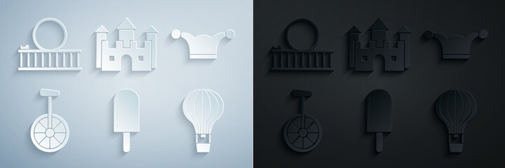 Set Ice cream, Jester hat with bells, Unicycle or one wheel bicycle, Hot air balloon, Castle and Roller coaster icon. Vector