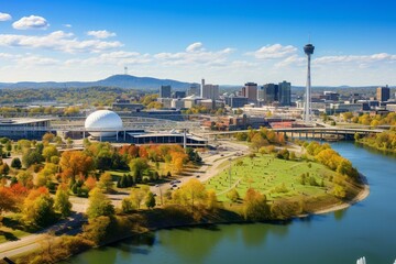 Aerial view of Knoxville, Tennessee skyline on a sunny afternoon from above Worlds Fair Park. The county seat of Knox County. Generative AI - obrazy, fototapety, plakaty