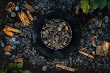 overhead view of charred logs and ashes in fire pit