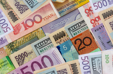 Fototapeta na wymiar American Us Canadian Australian Dollar, Euro, Japanese Yen, and Chinese Yuan banknote