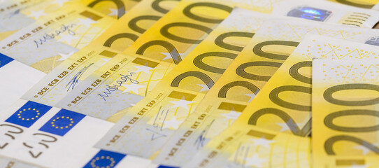 Flat lay of euros banknotes, lot of EU money