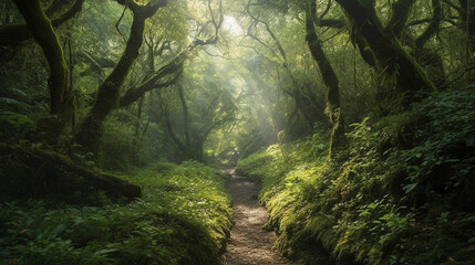 Enchanted Forest Pathway with Sunlight Filtering Through Canopy