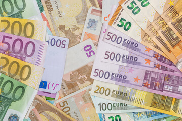 Flat lay of euros banknotes, lot of EU money