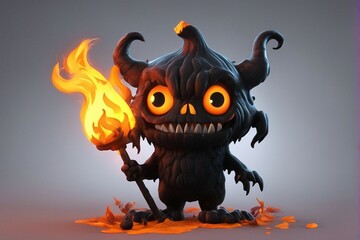 Scary Black Mascot Cartoon with Horn Yellow Eyes and Fire in Hand Laughing. Halloween Theme Design.