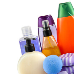 Soaps, shampoos and other cosmetics with lavender extract isolated on white. Free space for text.