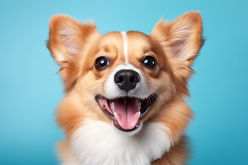 smiling corgi friendly dog studio shot on yellow background