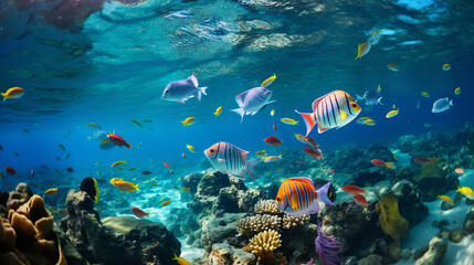 Fototapeta na wymiar Crystal Clear Ocean with Colourful Fish and Coral Reef